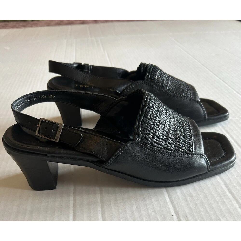 Trotters Sandals Black Sz 7N Cameron Slingback Woven Leather Block Heel Open Toe